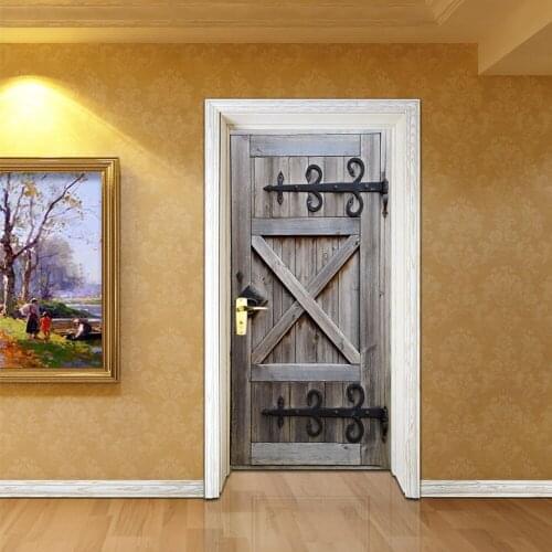 3D Retro Old Wooden Door Stickers Old Door Renovation Living Room Bedroom Door Home Decor Waterproof Removable Wall Sticker