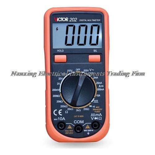 VICTOR VC202 LCD backlight Manual range Digital Multimeter with diode tester function,battery measurement and data hold function
