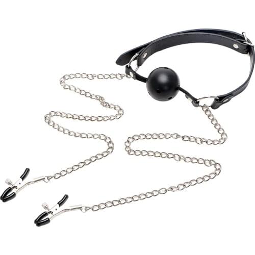 IKOKY with Nipple Clamp Nipple Stimulator Flirting Open Mouth Ball Gag Adult Games Sex Toys for Women Men Couple Oral Fixation