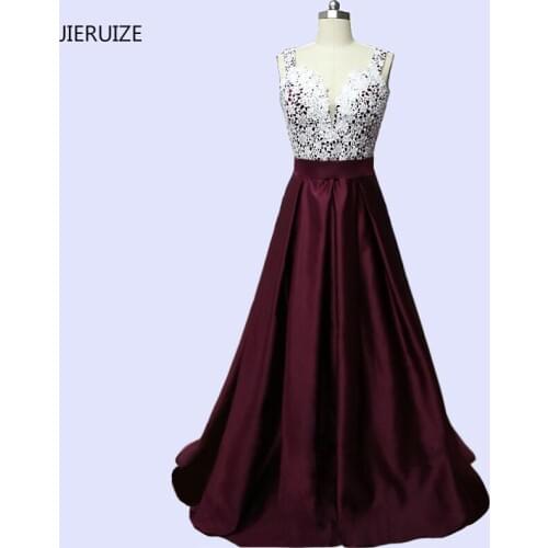JIERUIZE White Lace Burgundy Cheap Evening Dresses Long 2018 V-neck A-line Formal Dresses Mother of the Bride Dressess