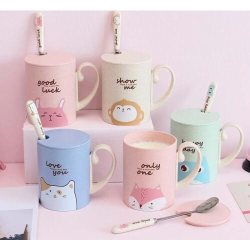 Hot Sale 450ml Cartoon Wheat Animal Mug With Lid Spoon Milk Coffee Mug for Tea Milk Travel Cup Large Capacity Kids Cup Nice Gift