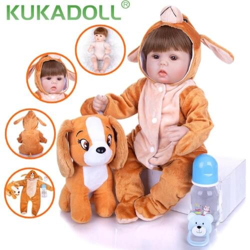 KUKADOLL 17 Inch Reborn Babies Doll Cloth Body Stuffed Bebe Reborn Boneca With Dog Toy For Kids Chirdrens Day Birthday Present