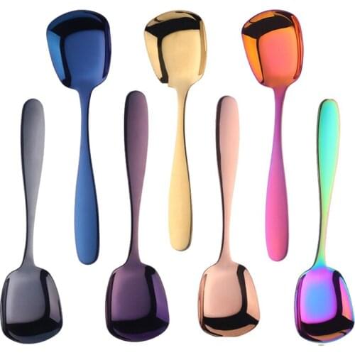 Stainless Steel Square Dinner Spoons Rice Dinnerware Child Long Handle Drink Spoon for Ice Cream Plat bottom Spoon