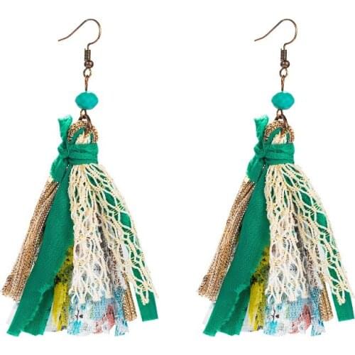Summer Mixed Fabric Lace Tassel Women Earrings with Faceted Glass Beads Handicraft Boho Jewelry Beach Party Best Gifts