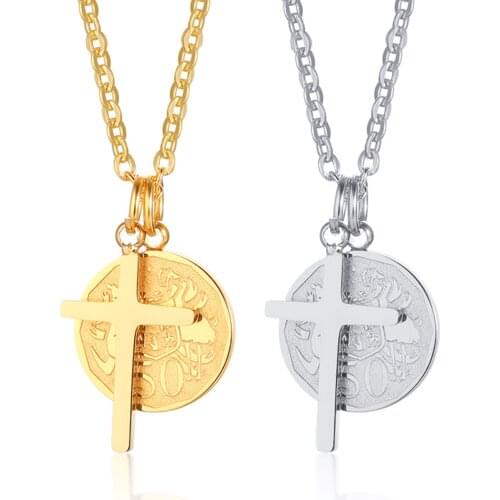 Gold Plated Queen Coin Stainless Steel Necklace for Women Girls Corss Pendant Chains Celebrity Medal Jewelry 2021 Gifts