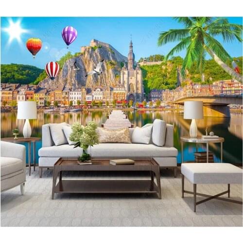 Custom photo wallpaper for walls 3 d mural HD Mediterranean Sea View Wooden Bridge Island Castle Balloon TV Background wall
