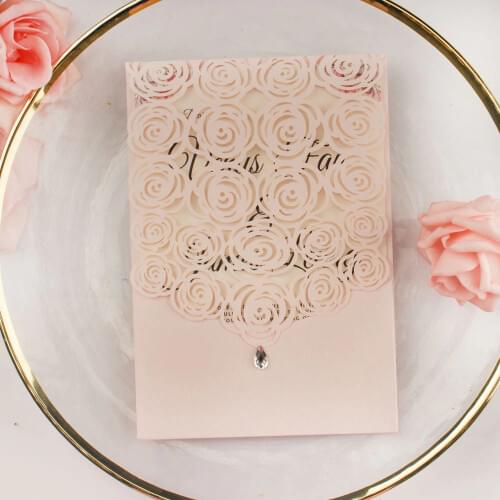 1pcs sample hollow Rose card Laser Cut pearl wedding invitation cards with Diamond Wholesale greeting pocket invite party cover