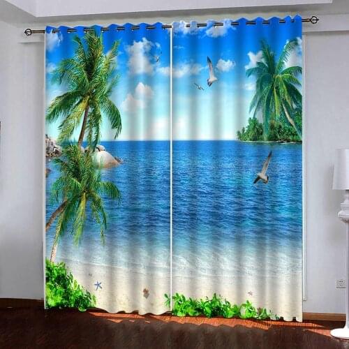 Custom size Luxury Blackout 3D Window Curtains For Living Room bedroom Seascape coconut tree flying birds curtain Decoration