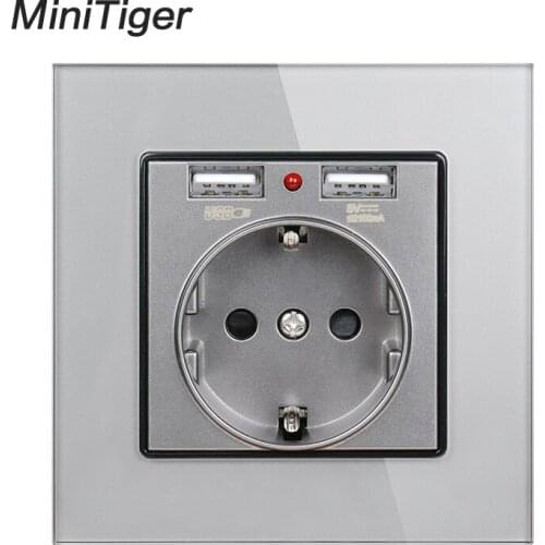 Minitiger Crystal Glass Panel Dual USB Charging Port 2.1A 16A Russia Spain Wall Socket EU Power Outlet White/Black/Gold/Grey