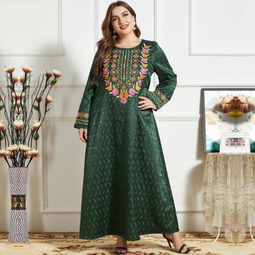 Round Neck Long Sleeve Ethnic Style Dress Flower Ramadan Robe Muslim Robe Oversized Moroccan Dress Abaya Dubai 2021