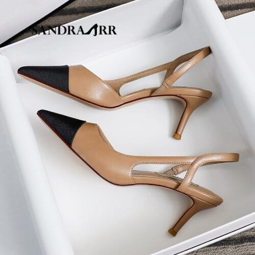 SANDRA JRR Women Slingback Heels Shoes 8 CM Color Patchwork Pointed Toe Slip On Pumps High Heel Fashion Rome Sandals