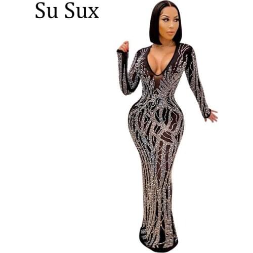 Sequins Mesh Bodycon Dress Women Evening Party Deep V Neck Long Sleeve Slim Maxi Dress Robe Nightclub Vestidos 2021 Autumn