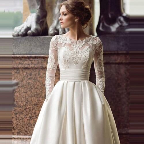 Modest Long sleeves Wedding dress 2020 Scoop Satin Appliqued A-line Bridal gown With Vestidos Bags De Novia Robe Mariee