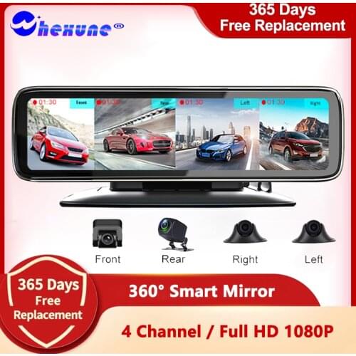 WHEXUNE 4 Channel 12 inch Car DVR Camera 360 panoramic Video Recorder 1080P Rearview Mirror Dash Cam night vision loop recording