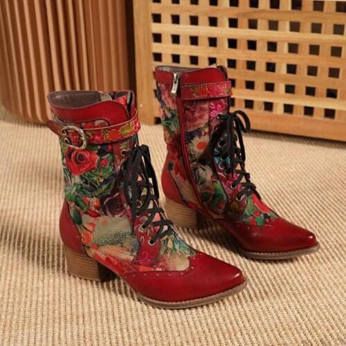 YourSeason Ladies Boots Short Plush Winter Shoes Zip Pointed Toe Patchwork Female Embroidery Cloth Cross Tied Vintage Boots 2021