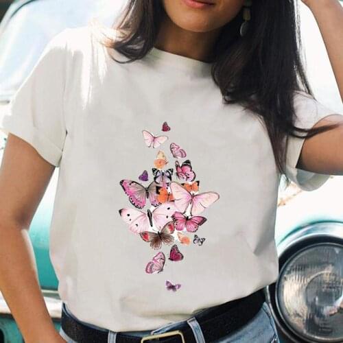 Women T-shirts Butterfly Lovely Cute Ladies O-neck Short Sleeve Cartoon T Top Shirt Print Female Graphic Fashion Tee T-Shirt