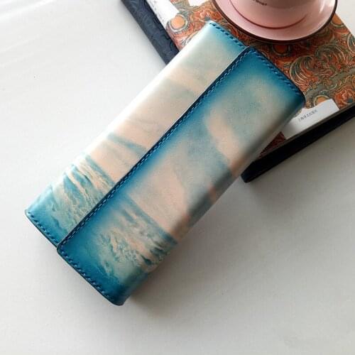 Handmade Women Carving The Blue Sea Sailboat Wallets Card Holder Purses Clutch Vegetable Tanned Leather Beautiful GiftS