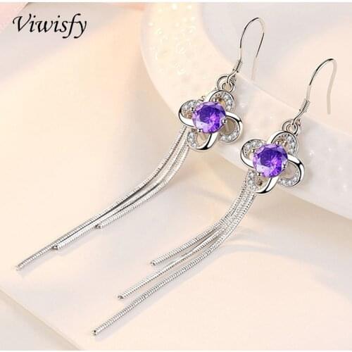 Viwisfy Purple Natural Crystal Long Tassels Vintage Clover Flower Drop Earrings For Women Silver 925 Sterling Jewelry VW21241