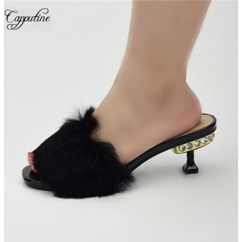 Black African Women Shoes With Fur Sexy Slippers Ladies Pantuflas Pumps Chaussure Femme Zapatos De Mujer 87-9 Height 6.5cm