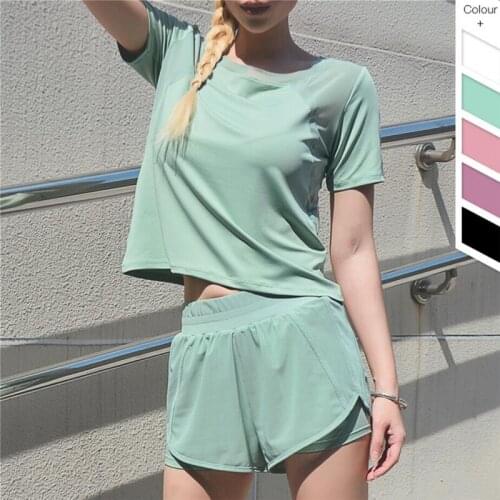 2019 Summer 2 piece sport set women T-shirt+shorts yoga suit fitness clothes sexy sportswear mesh patchwork quick dry
