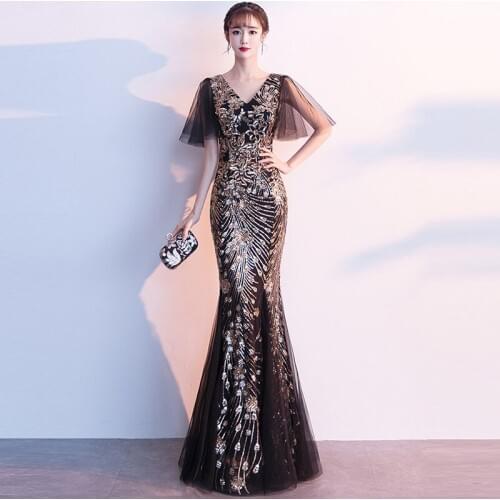 Luxury Gold Sequined & Black Mesh Short Sleeve V Neck Long Mermaid Women Fashion Elegant Cocktail Party Dress Sexy Club Dresses