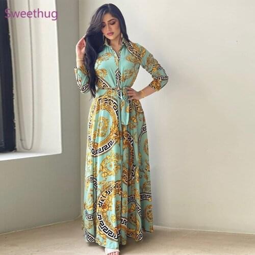 Long Sleeve Print Muslim Dress Women Ethnic Kaftan Collar Shirt Dress Abaya Dubai Caftan Marocain Evening Dresses Djellaba Femme