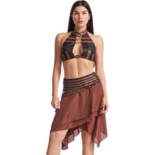 2 Piece Brown Halter Neck Backless Sexy Gothic Top And Low Waist Pocketed Asymmetrical Steampunk Skirt Women Vintage Bra Set