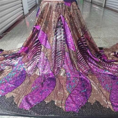 2021 Hot Sale Sequins French Tulle Lace Fabric Purple /Gold African Lace Fabric Sequence Lace Material for Party Wedding