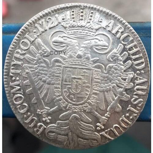 Austria 1721 Karl Charles VI One Thaler Brass Silver Plated Copy Coin