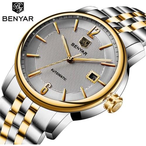 BENYAR luxury brand mens mechanical watch waterproof military automatic winding gold and silver Relogio Masculino