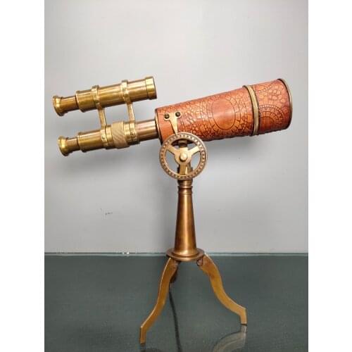 11"Chinese temple collection Old Bronze Cowhide Tripod Binocular High power telescope Office Ornaments Town House Exorcism