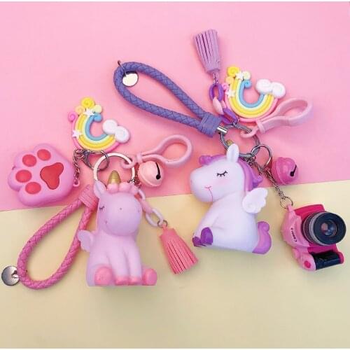 Cartoon Unicorn Hair Ball Keychain Women Bag Pendant Keychain Plush Ball Fluffy Artificial Rabbit Hair Keychain Key Ring