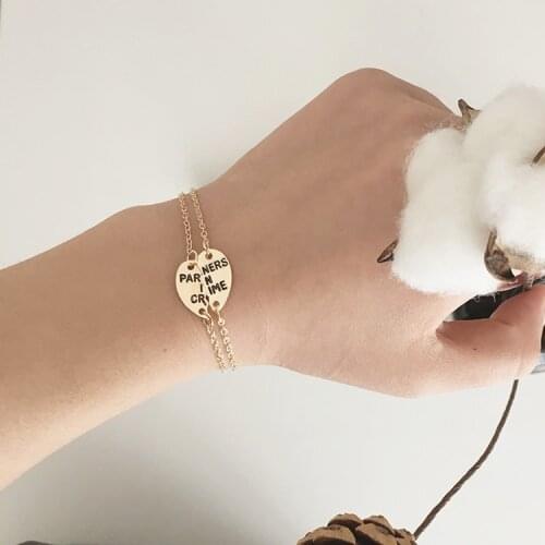 One Pair Simple Unisex Golden Heart PARTNERS IN CRIME Sister Chain Couple Bracelet Friendship Bracelets Fashion Jewelry