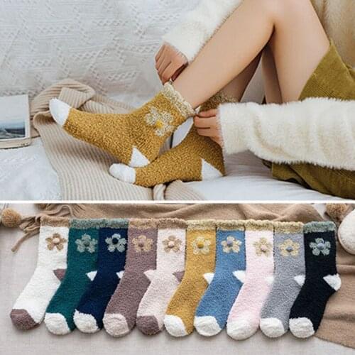 Flowers Popular Thicken Tube Socks Comfortable Anklet Women Winter Warn Soft Breathable Floor Socks Candy Color Coral Socks