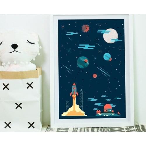 Space Theme Prints Planets Rocket Astronaut Cartoon Poster Moon Stars Nursery Wall Art Painting Boys Kids Room Wall Decor