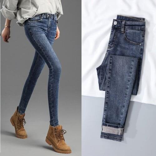 Jeans womens pants spring and autumn 2019 new high waisted students' elastic and slim fit black nine point small leg long pants