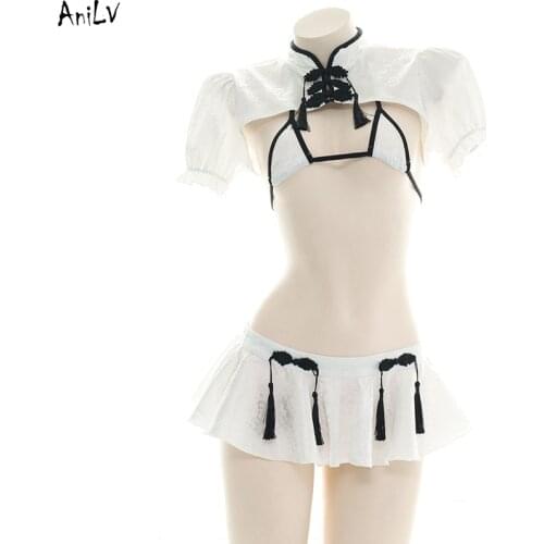 AniLV Chinese Traditional Loli Tassel Cheongsam Split Swimsuit Costume Women Bikini Swimwear Uniform Temptation Lingerie Cosplay