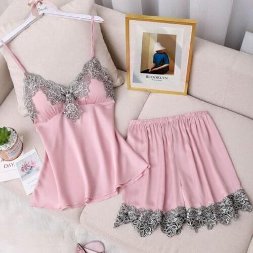 2PCS Strap Top&Shorts Pajama Sets Sexy Womens Satin Lace Pajamas Sleep Suit Sleepwear Summer Backless Nightwear Home Pyjamas