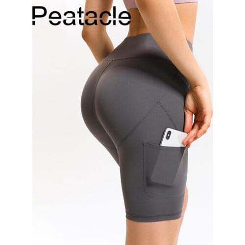 Peatacle Summer New Pockets Yoga Shorts Womens Hips Tight-fitting Running Sport Fitness Stretchy Black Seamless High Waisted