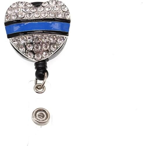 10pcs/lot Zinc Alloy Metal Blue Enamel Rhinestone Heart Shape Badge holder Reels Medical Nurse Badge Holder Key Card Tag