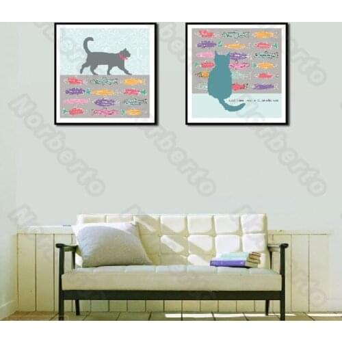 Cartoon Pictures Canvas Painting and Posters Wall Cats Staring At Colorful Fish for Living Room Bedroom Restaurant Decoration