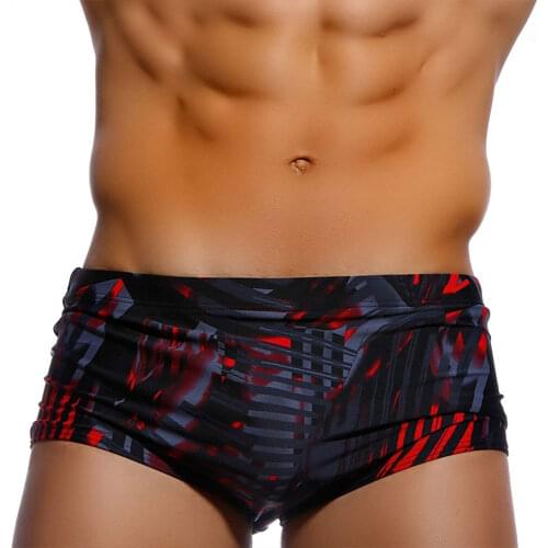 Mens Sexy Swimwear with Push-Up Fashion Striped Printing Boxer Trunks Out Door Drawstring Bath Hot Springs Quick Dry Swim Suit