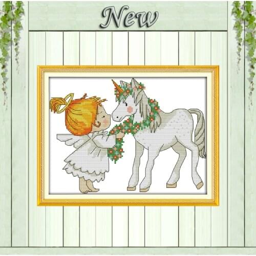 Elf and unicorn girl angel painting counted printed on canvas DMC 14CT 11CT chinese Cross Stitch Needlework Sets Embroidery kits