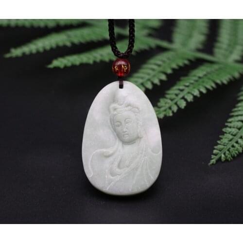 Natural White Green Jade Guanyin Bodhisattva Pendant Necklace Chinese Hand-Carved Charm Jewelry Fashion Amulet Men Women Gifts