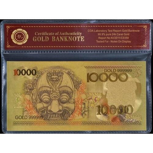 Newest Style Indonesia Colored Gold Banknote 10000 Rupiah Gold Foil Banknote with Plastic Frame for Nice Collection
