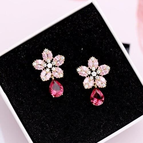 OKILY Luxury Pink Zirconia Flower Earrings for Women Fresh and Sweet Statement Crystal Water Drop Earring Girl Fashion Jewelry