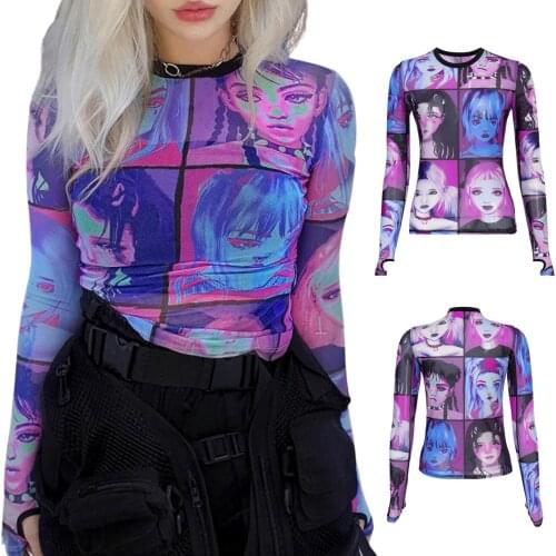 Y2K Authentic Hirigin Punk T-Shirt Slim Long Sleeve Top Multicolor Human Face Printing O-Neck Tee Casual Women Gothic Streetwear