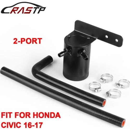 RASTP - 2-Port Oil Catch Can Tank / Air-Oil Separator Kit Fuel Tanks For Honda Civic 2016-2017 Black With Hose RS-OCC015