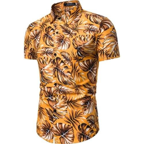 Pop New Mens Summer Leaf Print Shirts Short Sleeve Casual Tops Man Youth Blouse Slim Boho Hawaiian Seaside Beach Shirt For Men