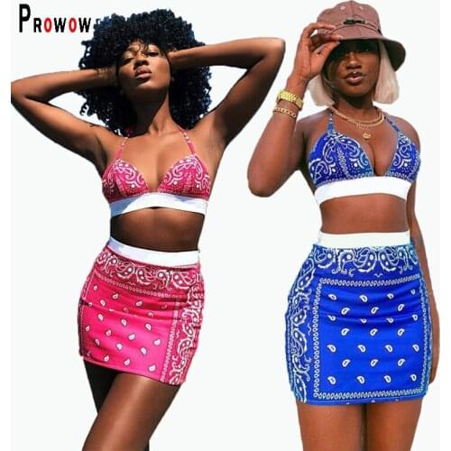 Prowow Sexy Women Beachwear Outfit 2021 New Fashion Print Female Clothing Set Bra Skirt Two Piece Matching Suits for Lady